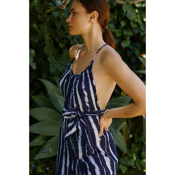 Anthropologie Navy Tie-Dye Striped Jumpsuit Tie Detail - Picture 3 of 9